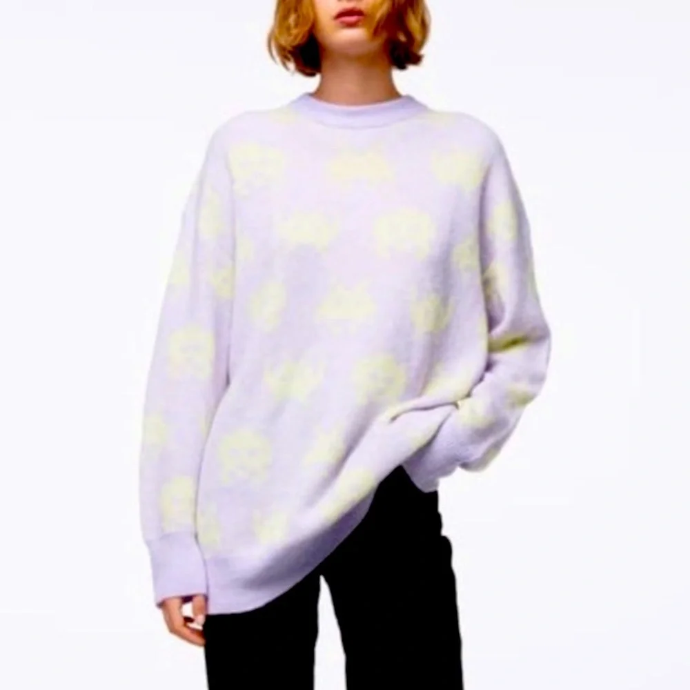 S Zara Space Invaders Oversized Knit Sweater Medium Purple Yellow - Picture 1 of 8